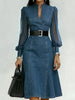 Women Denim Midi Dress Sheer Mesh Long Sleeve Stand Collar Belted A-Line Elegant Casual Office Party Dress