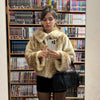 Women Chic Cropped Leopard Faux Fur Coat Contrast Black Fur Collar Cuff Button Short Furry Coats Lady Winter Chic Streetwear