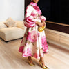 Dashiki African Dresses for Women Flower Printed Stand Collar Elegant Evening Maxi Dress Puff Sleeves Pleated Party A-Line Dress