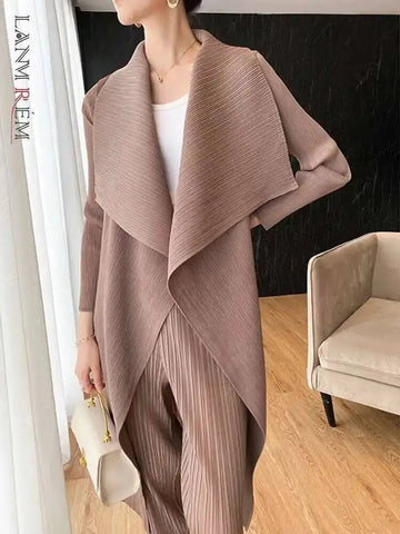 Pleated Long Trench Thin Temperament Solid Color Big Lapel Open Stitch Coat Female Coat Autumn 2C785