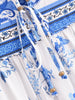 Boho White Blue Totem Print Bow Lacing up Neck Long Straight Dress Women Viscose Cotton Full Sleeve Maxi Robe Holiday