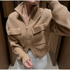 Women Camel Ribbed Knit Cardigan Zip Up High Collar Long Sleeve Cropped Sweater Flap Pockets Jacket Casual Autumn Outfits