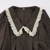 Casual Plaid Print Mini Dress Women Loose Lapel Lace Splice Long Sleeve Dress Party Vacation Clothes Female