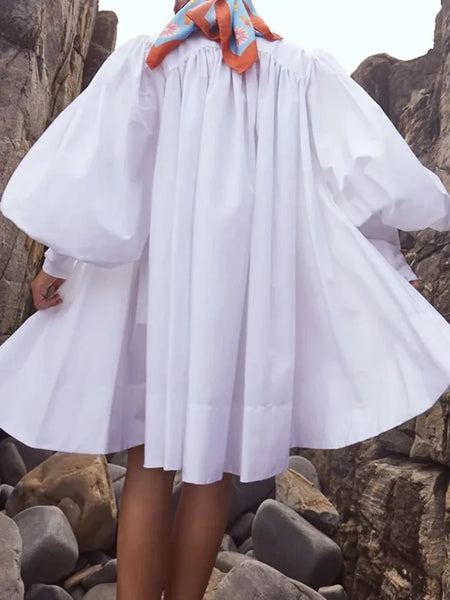 Women's White Stand Collar Pleated Mini Dresses Long Puff Sleeves Buttoned Oversized Casual Cotton Shirts Dress