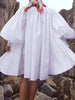Women's White Stand Collar Pleated Mini Dresses Long Puff Sleeves Buttoned Oversized Casual Cotton Shirts Dress