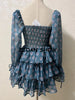 Women Sexy Cross Bandage Black Flower Print Puff Long Sleeve Dress 3 Layer Wood Ears Ruffles Hem Cake Mini Holiday Robe