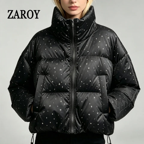 Women Thick Warm Cotton Short Jacket Rhinestones Winter Stand Collar Down Coat Shiny Crystal Cropped Puffer Parka Пуховики