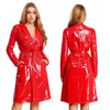Women Wet Look PU Leather Long Trench Coat Blazer Lapel Open Front Long Sleeve Jacket Overcoat with Belt Streetwear Clubwear
