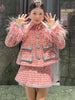 Women Auutmn Winter Sweet Feather Single Breasted Tweed Short Jacket High Waist A-Line Skirt Offce Ladies Two Piece Set