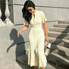 Elegant Knit Dress For Women White Slim O-neck Single Breasted Short Sleeve Long Dresses Female Spring Lady Robe T88X