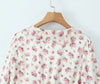 Women White Pink Flower Print Puff Long Sleeve Dress Open Buttons Wood Ears Ruffles Hem Mini Shirt Dresses Holiday Robe