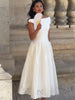 Minimalist White Boat Neck Midi Dress Women Elegant Cap Sleeve A-line Flare Eyelet Embroidery Vestido Wedding Formal Party Gown