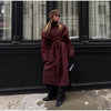 Burgundy Long Trench Coat Women Lapel Double Breasted Belted Waist Cape Collar Overcoat Loose Windbreaker Lady Winter Outerwear