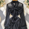 Retro Elegant V-neck ruffle lace-up pleated long sleeve A-line Casual High Waist Dress Women Autumn Dress