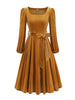 Red Velvet Christmas Elegant Party Women Dress Square Neck Long Bishop Sleeve Autumn Winter Belted Swing Dresses