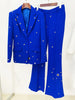 High Street Designer Runway Suit Set Women's Slim Fit Single Button Rivet Eyelet Lapel Blazer Pants Set 2pcs