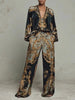 Retro Pattern Printed 2 Pieces Set for Woman Sexy Deep V Neck Top Blouses Elegant Outfit Spring Fall Wide Leg Trousers Suit