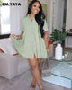 Elegant Women Big Swing Turn-down Neck Single Breasted Shirt Style Loose Smock Dress