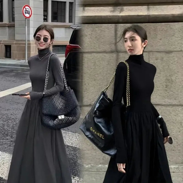 French Style Temperament Women's High-Grade Black Dress Hepburn Style Gray Turtleneck Dress for Women Autumn Winter DF4964