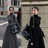 French Style Temperament Women's High-Grade Black Dress Hepburn Style Gray Turtleneck Dress for Women Autumn Winter DF4964