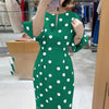 Elegant Women Dots Print Dress Summer Slim 3/4 Sleeve Vestidos V-Neck Party Midi Robe Office Pocket Dresses