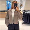 Women Solid Cropped Zip‑Up Knit Jacket Stand Collar Zipper Long Sleeve Loose Short Sweater Autumn Casual Commute Outerwear