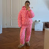 Winter Leopard Print Thicken Coat Pants Women Set Long Sleeve Zippers Hooded Jacket Wide Leg Trousers Lady Outfit