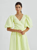 100% Cotton V-neck Waist Cinched Dress Unique Lantern Sleeve Sexy Slit Long Skirt Women's Casual Dresses