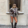 Women Checked Lapel Jacket Shorts Set Long Sleeve Buttons Belt Pocket Loose Blazer Suit Lady Office Commute Outfit