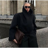 Black Stand Collar Woolen Coats Women's High Street Buttons Full Sleeve Short Overcoats Autumn Female Solid Outwear