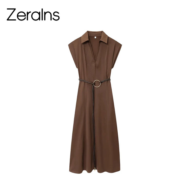Zerains Autumn women's clothing temperament casual style lace up decoration lapel with belt Midi dress