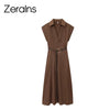 Zerains Autumn women's clothing temperament casual style lace up decoration lapel with belt Midi dress