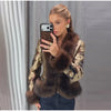 Printed Faux Fur Splicing Jacket Autumn Winter V-neck Slim Waist Cinched Full Sleeve Cropped Coat Women's Outwear