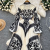 American European Style Women's Casual Elegant Pleated Dress Long Sleeve Printed Ankle Length Dress