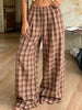 Women Vintage Aesthetic Casual Plaid Print Barrel Pants Drawstring Elastic Waist Loose Straight Pants with Pockets Streetwear