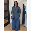 Loose Plaid Shirt Pants Two-piece Set Three Quarter Sleeve Oversize Blouses Wide Leg Pants Suit Women Casual Sets