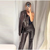 Y2K Punk Embossed Leather Coat Pants Set Women's Chic Lapel Cropped Jacket Matching High Waist Pant Streetwear Lady Outfit