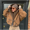 Elegant Hooded Plush Short Coat Women Retro Chic Suede Single Breasted Jackets Coats Female Winter Casual Street Outwear