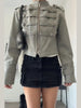 Retro Stand Collar Crop Jacket Chic Epaulet Shoulder Strap Double Breasted Button Slim Fit Coat Lady Casual Army Style Outerwear