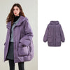 Womens Down Jacket Winter 90 White Duck Down Purple Hooded Large Pocket Warm Long Outerwear
