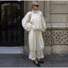 Women Pant Set Satin Lace Round Neck Puff Long Sleeve Button Front Drawstring Waist Blouse Cuffed Ruffle Hem Pants Elegant Suit
