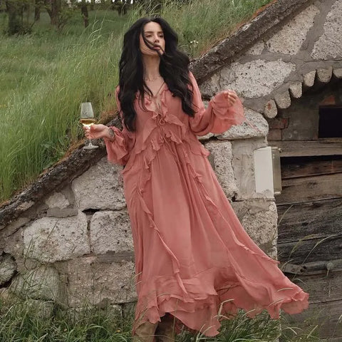 Women Cascade Ruffles Lace Up V Neck Chiffon Long Dresses Full Sleeve A-line Holiday Autumn Dress Maxi Vestidos