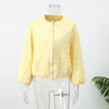 Women Yellow Jacquard Bomber Jacket Round Neck Zipper Long Sleeve Loose Cropped Coat Lady High Street Daily Outerwear