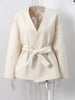 Collarless Belt Jacket Coat Lace-up Minimalism Beige Gentle Short Woolen Overcoat Waist Cinching Women Autumn Winter Overcoat