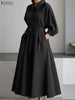 Plus Size Women Stylish Belted Pleated Maxi Dresses Long Sleeve Lapel Half Buttons Solid Color Long Dress Streetwear 5XL