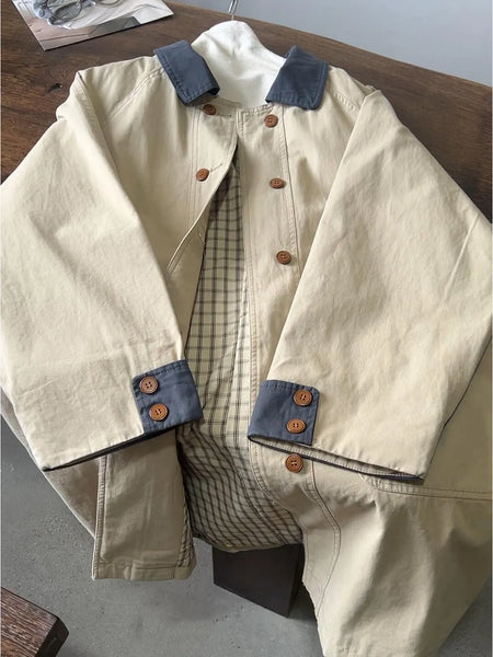 Patchwork Contrasting Color Khaki Coats for Women Spring and Autumn Korean Style Mid-Length Trench