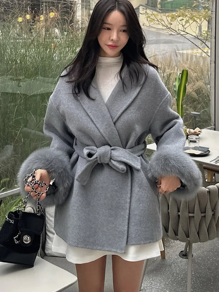 Women Fur Splicing Grey Woolen Coat Casual Belt Full Sleeve Lapel Loose Cardigan Outwear Lady Winter Highstreet Jacket
