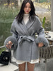 Women Fur Splicing Grey Woolen Coat Casual Belt Full Sleeve Lapel Loose Cardigan Outwear Lady Winter Highstreet Jacket