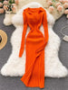 Women Korean Knitted Dress Long Sleeve V Neck Elastic Slim Pencil Dresses Autumn Sexy Bodycon Split Sweater Dress