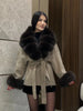 Retro Solid Fur Patchwork Woolen Coats Women Chic Full Sleeve V-neck Lace Up Loose Overcoat Lady Winter Commute Outwear
